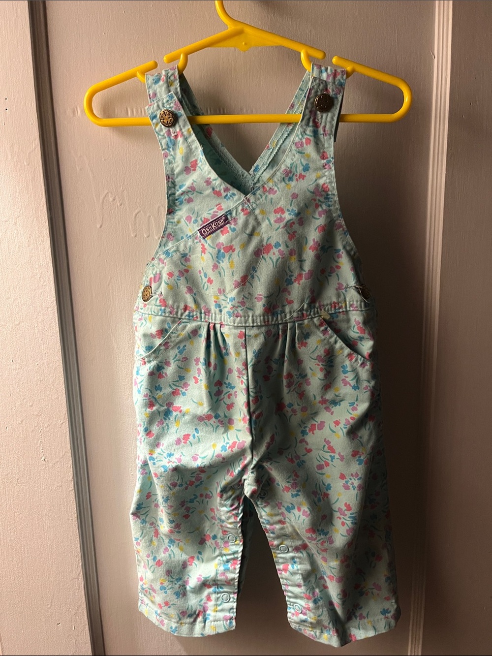 Vintage OshKosh B'gosh Mint Floral Overalls with Pink and Yellow Flowers